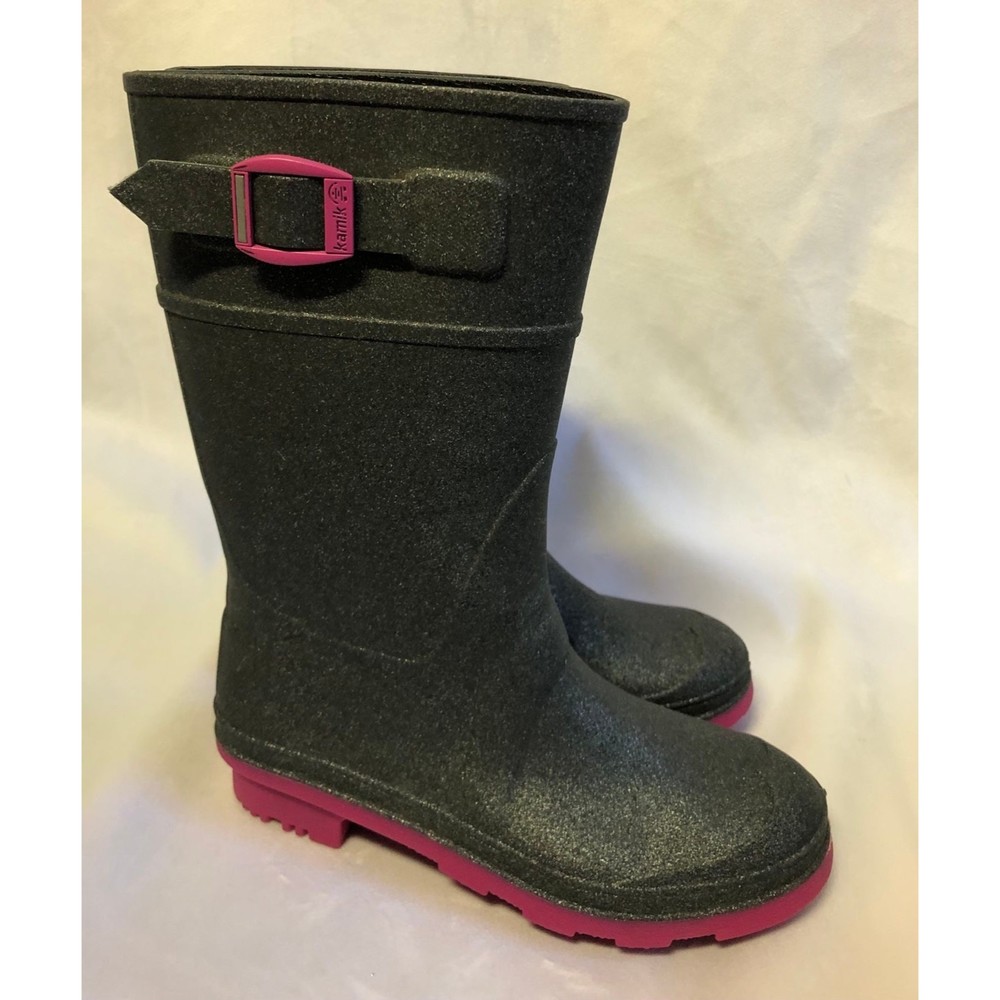 Kamik Size 2 Black Glitter And Hot Pink Rain Boots